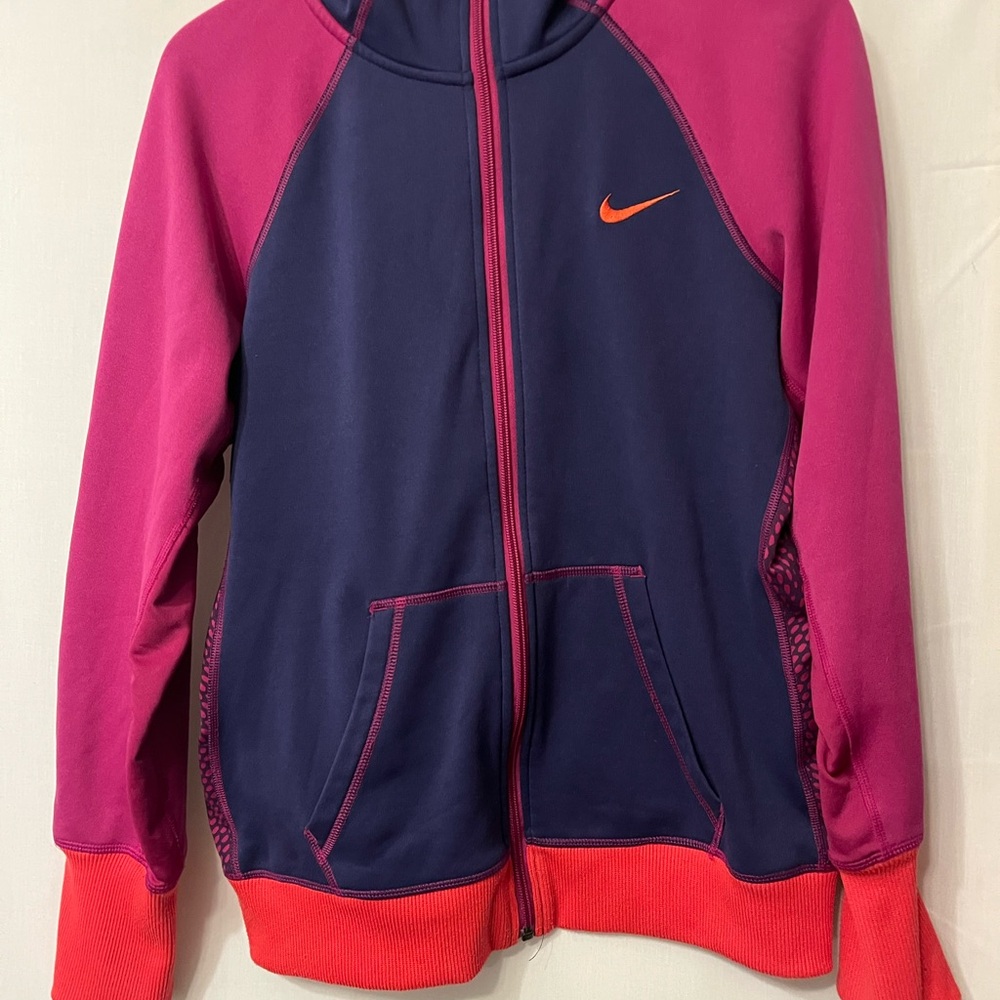 Nike Navy and Pink Zip-Up Hoodie with Orange Swoosh